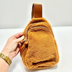 Beauty Stash Crossbody Sling Sherpa Belt Bag Tan Adjustable Strap